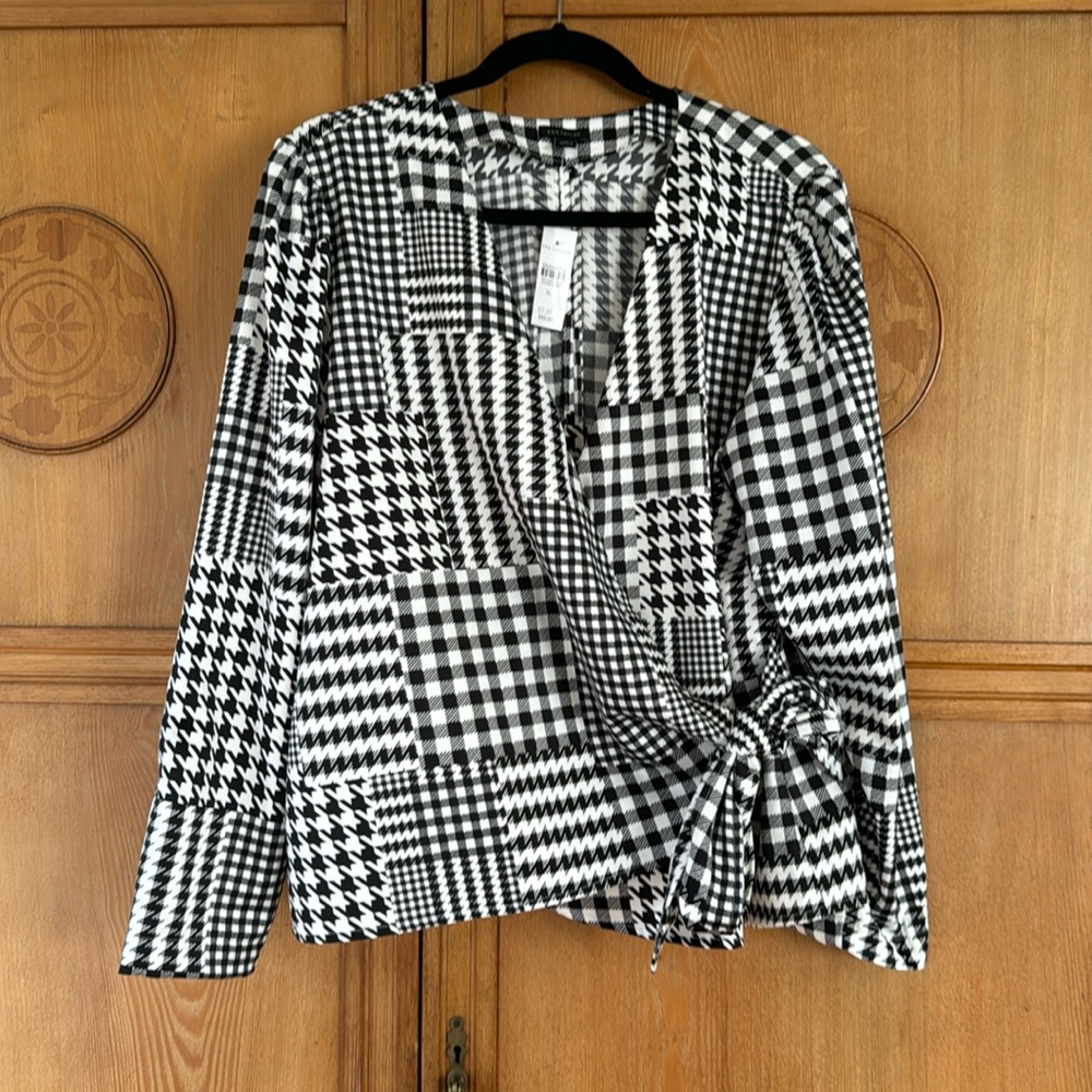 Ann Taylor mixed plaid print wrap blouse